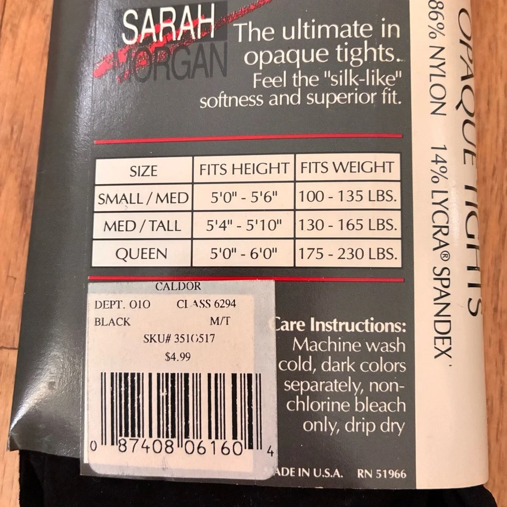 NWT Sarah Morgan Opaque Tights, Black, Med/Tall New Vintage (late 90’s)
